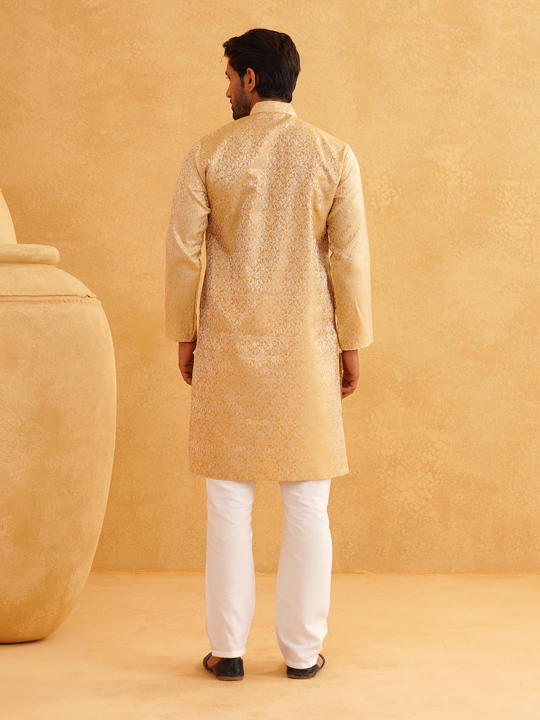 SOJANYA (Since 1958 Men's Silk Blend Gold Kurta & Off White Churidar Pyjama Set Size 44