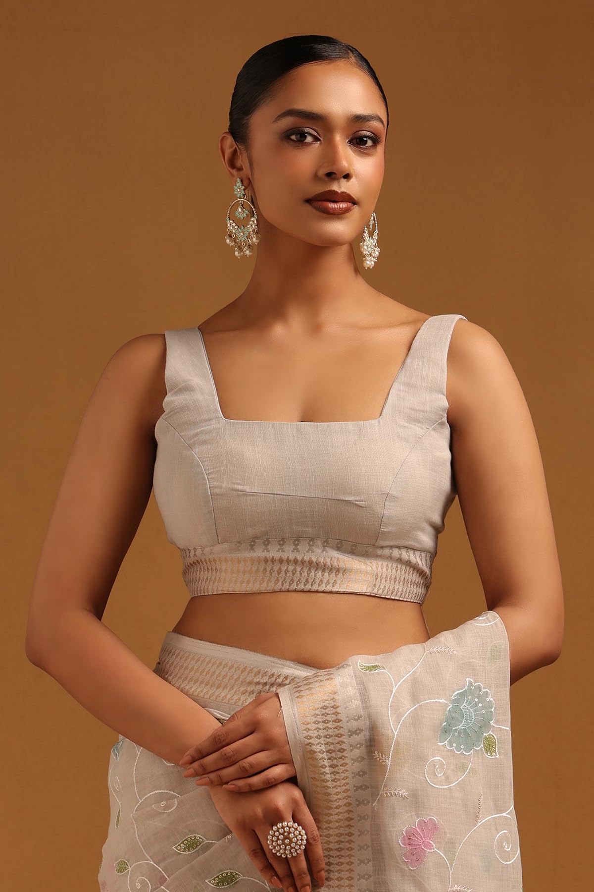 Soch Womens Light Grey Linen Floral Saree With Embroidery and Sequin Details
