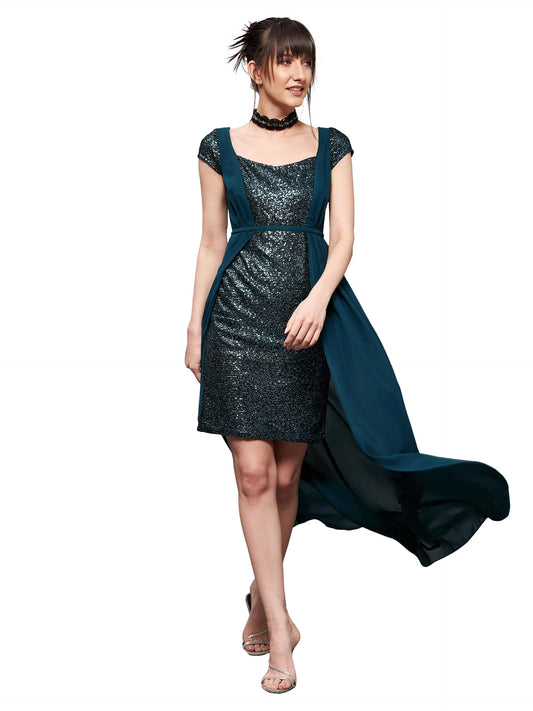 Miss Chase Women's Square Neck Short Sleeve Embellished Layered Maxi Dress (MCSS22D13-70-83-03, Teal, S)