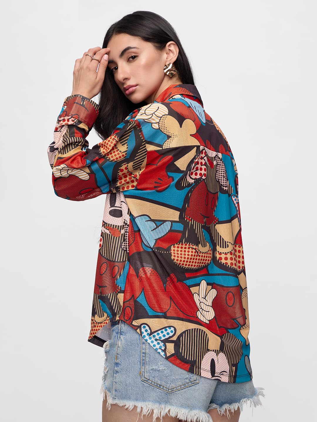 The Souled Store Mesh Shirt : Mickey Mouse Abstract Women and Girls Long Sleeve Collared Neck Button Down Multicolor All Over Printed Cotton Boyfriend Shirts Oversized Loose Fit Shirts Casual