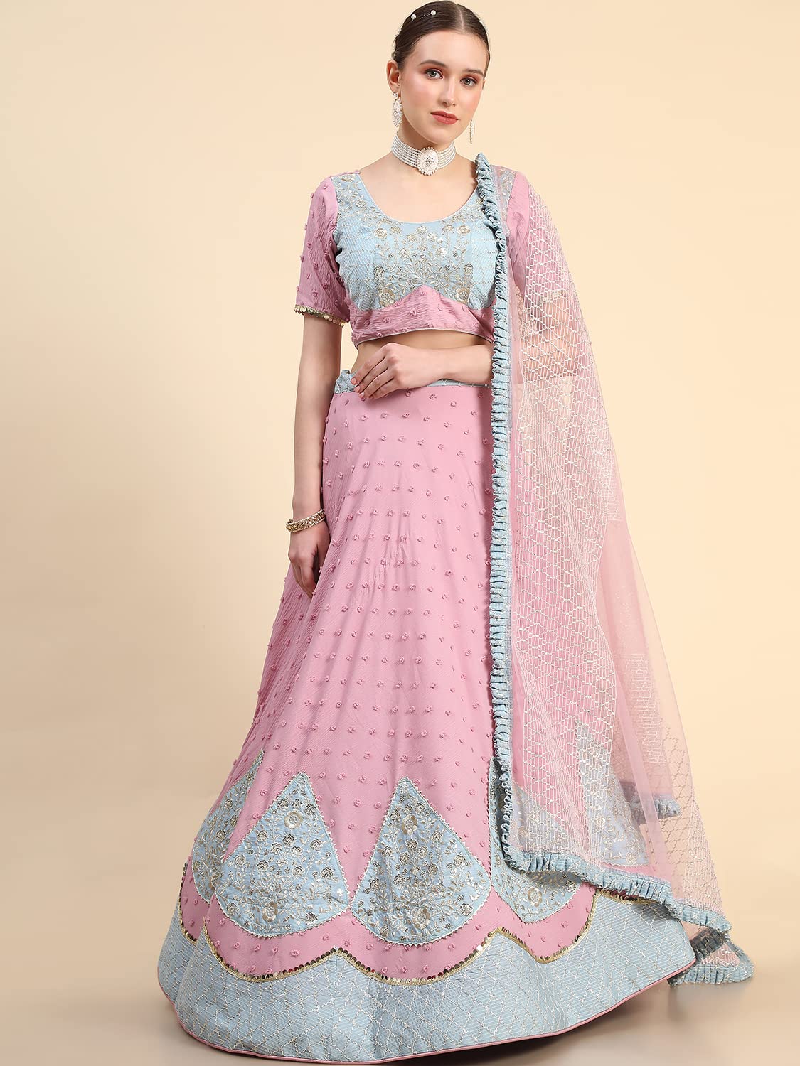 leeza store Women's Pink Georgette Silver Sequins & Zari Patch Work Flared Lehenga Choli With Dupatta