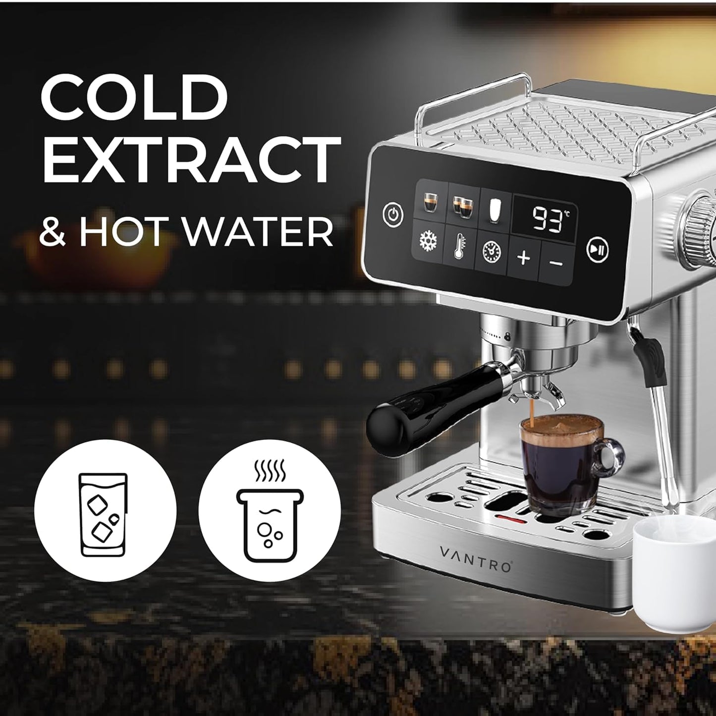 VANTRO Espresso Coffee Machine | Stainless Steel Body with Touch Control Panel | 20 Bar Pump | 1500W Powerful Brewing | Adjustable Temperature & Extraction Settings