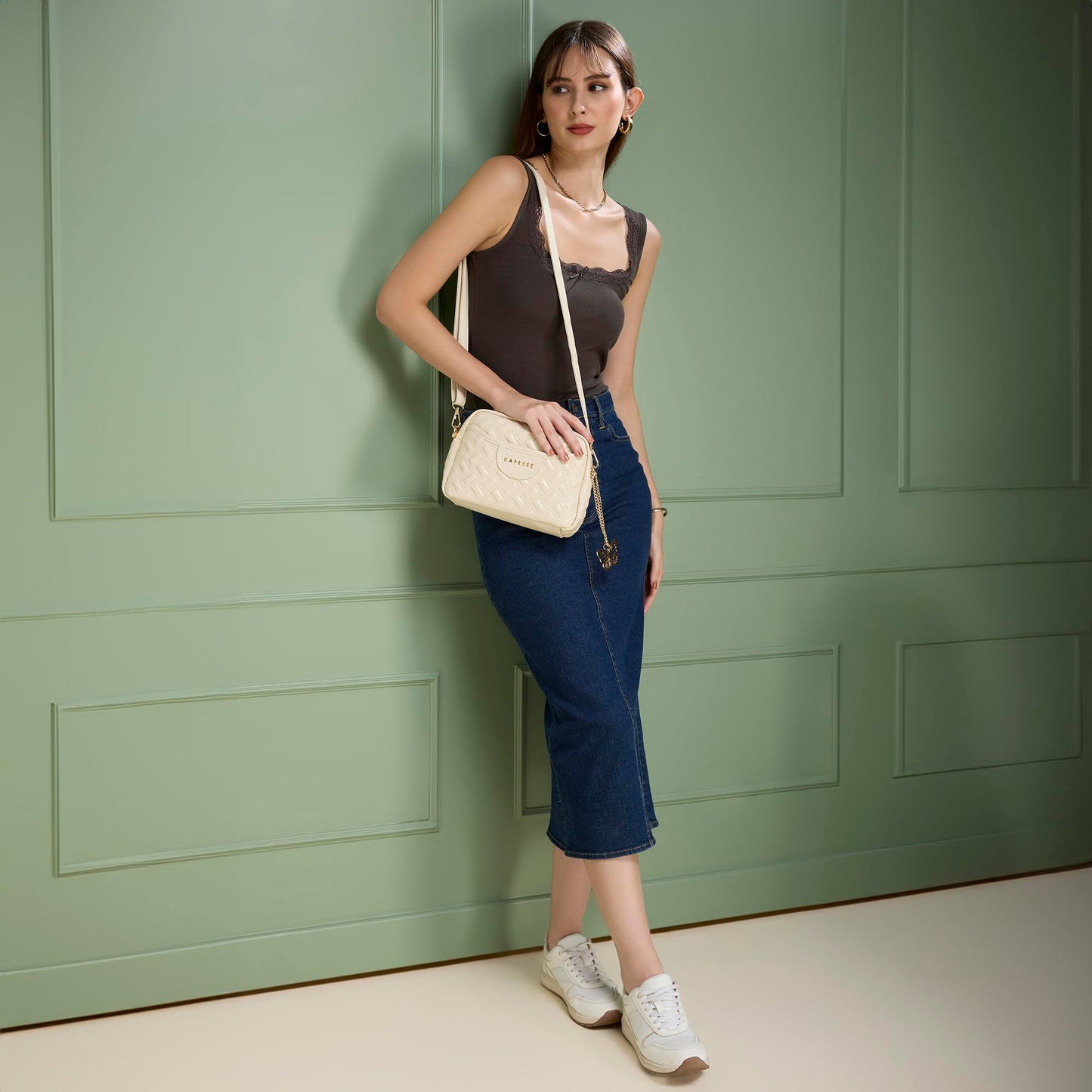 Caprese Cloud Medium Sling Bag for Women | Embossed Faux Leather Crossbody & Shoulder Bag | Adjustable & Detachable Strap | Multi-Compartment Purse with Zipper Closure & Butterfly Charm (Alpine Oat)