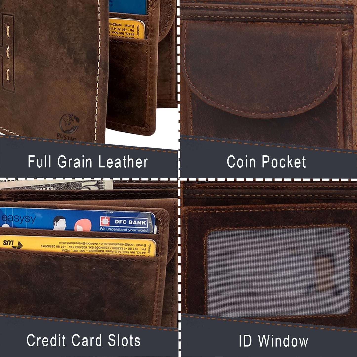 RUSTIC TOWN Mens Wallets - Full Grain Leather RFID Wallet for Men with ID Window, Card Slots and Coin Pocket (Large, Dark Brown)
