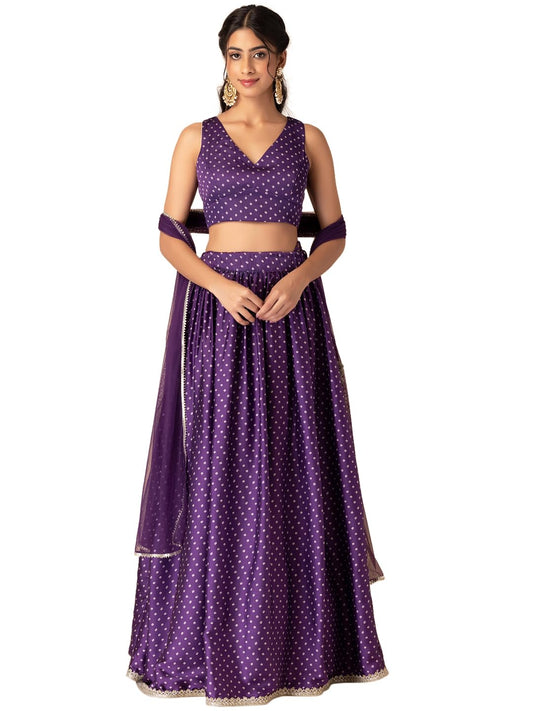 Indya Women's Satin Lehenga Sets (ICD00452_Purple_L)