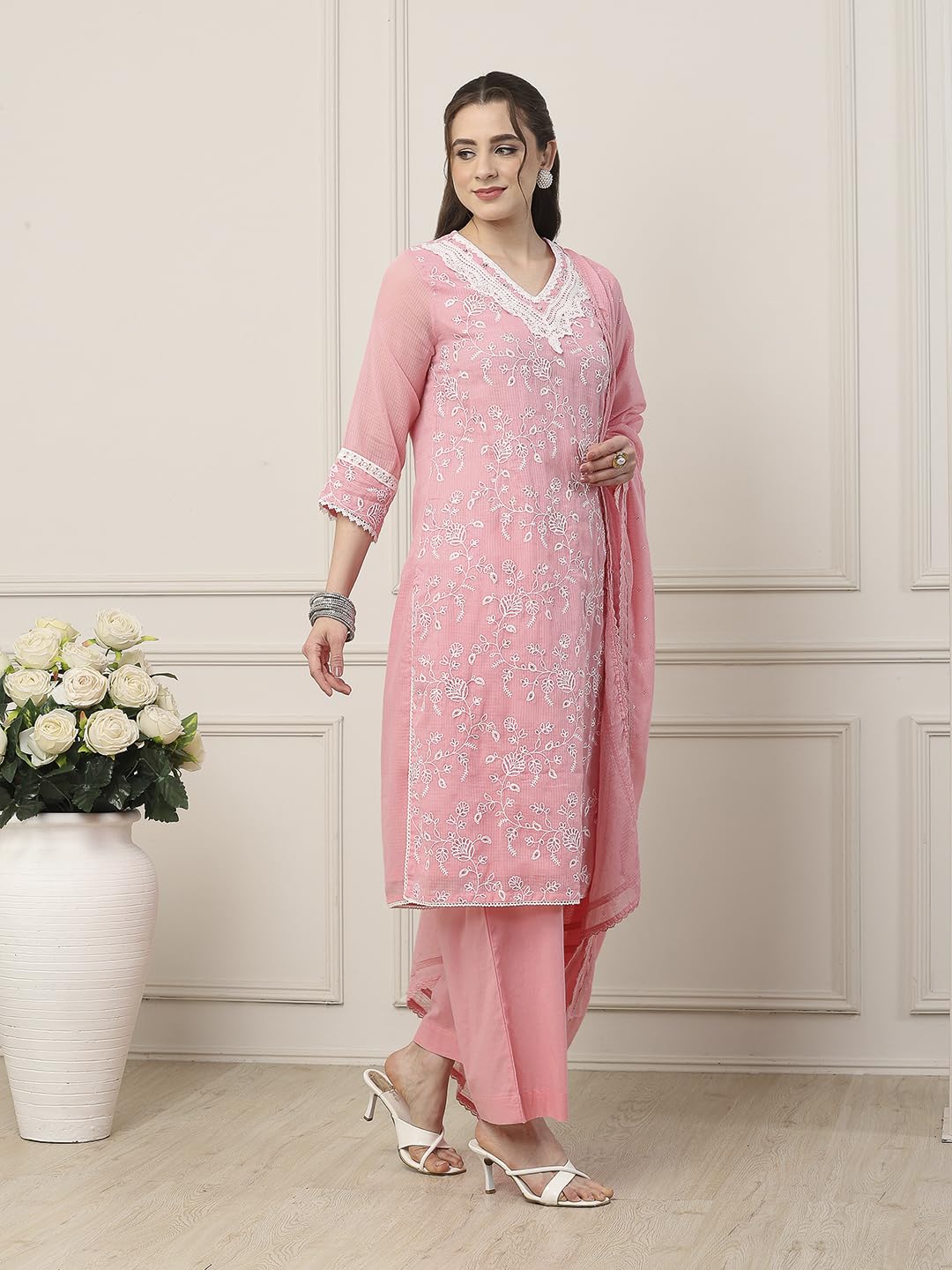 Biba Women Pink Cotton Straight Suit Set_34