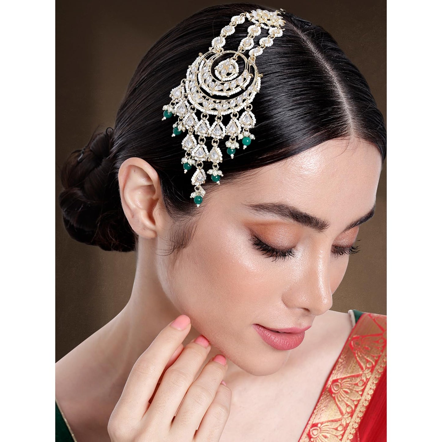 Peora Gold Plated Green Kundan Studded Paso Maangtikka Jhumar Ethnic Stylish Fashion Jewellery Gift for Women & Girls