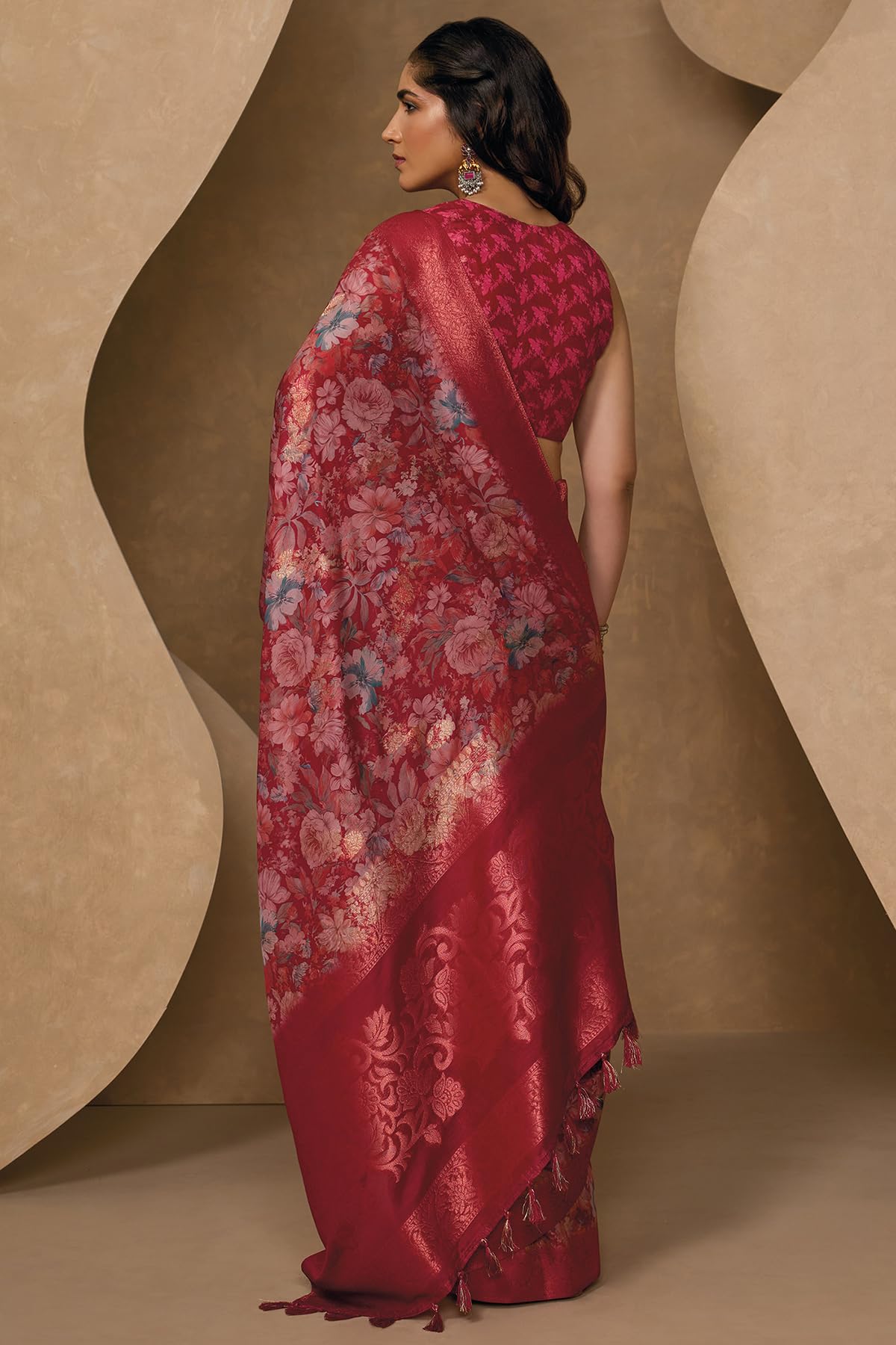 Soch Womens Deep Red Chanderi Floral Print Saree