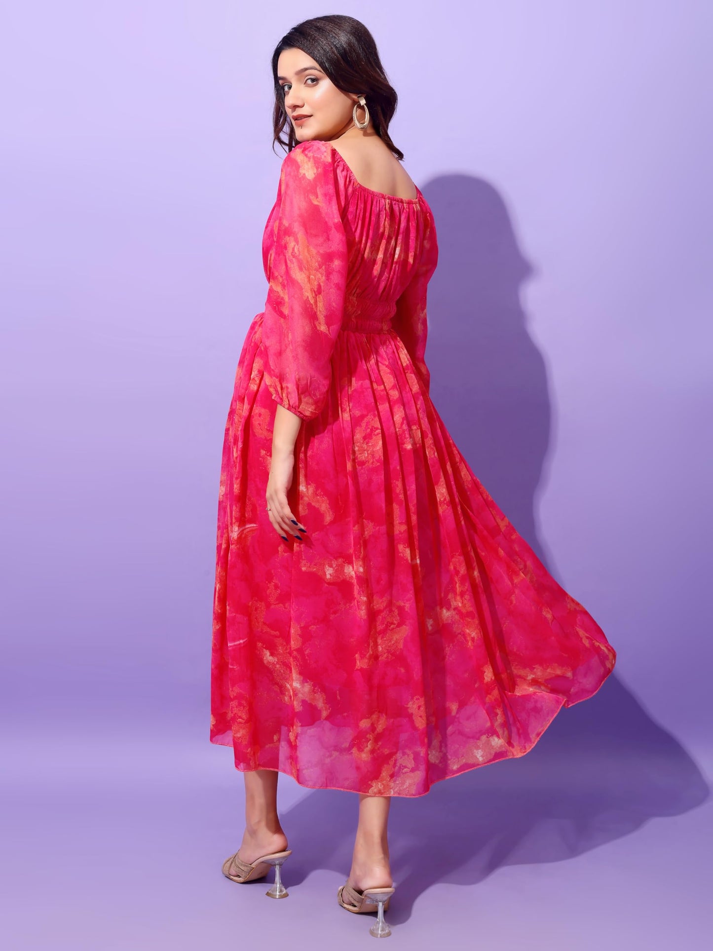 Attire Empire Women Printed Fit and Flare Dress Pink