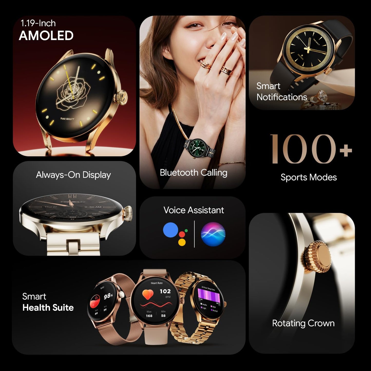 Fire-Boltt Glitz Women Smart Watch with 1.19” AMOLED Display, Bluetooth Calling, Rotating Crown, Always On Display, 1000 Nits Brightness, IP68 Waterproof Ivory Pearl