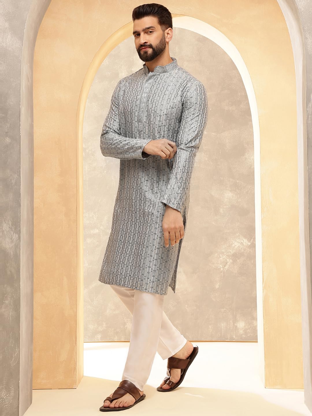 SOJANYA (Since 1958 Men's Cotton Rayon Shiny Thread Sequinned Blue Kurta with White Pyjama