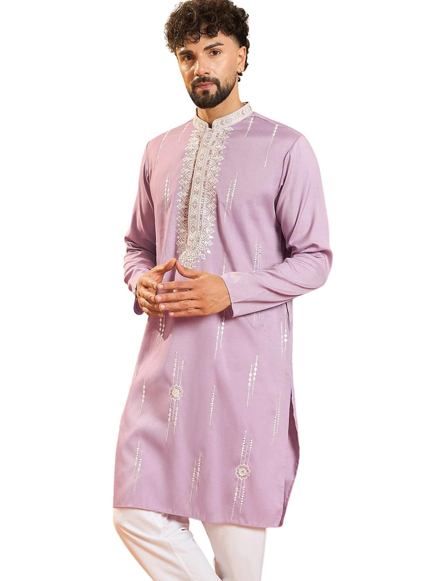 Ethnic Bay Men's Lavender Silk Blend Solid Embroidered Calf Length Kurta | Embroidered Kurta's for Men | Straight Fit Kurtas for Mens (MKU1489, XL)