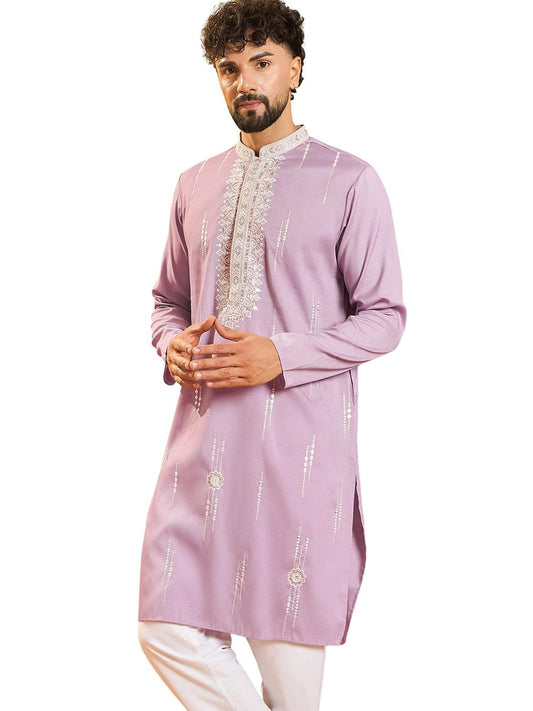 Ethnic Bay Men's Lavender Silk Blend Solid Embroidered Calf Length Kurta | Embroidered Kurta's for Men | Straight Fit Kurtas for Mens (MKU1489, XL)