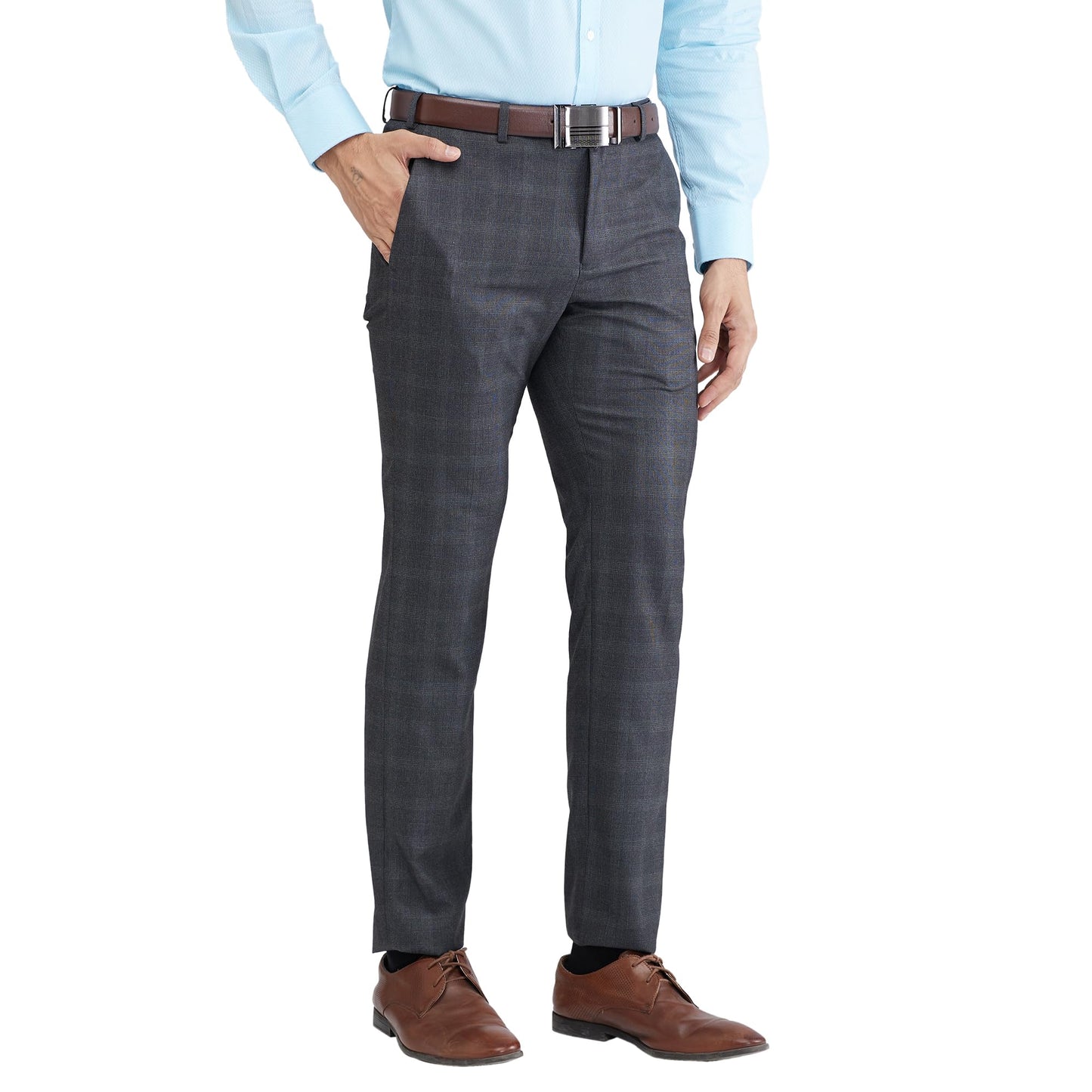 Raymond Men's Slim Fit Formal Trousers, Poly Viscose Blend, Checked Pattern, Flat Front | Dark Grey