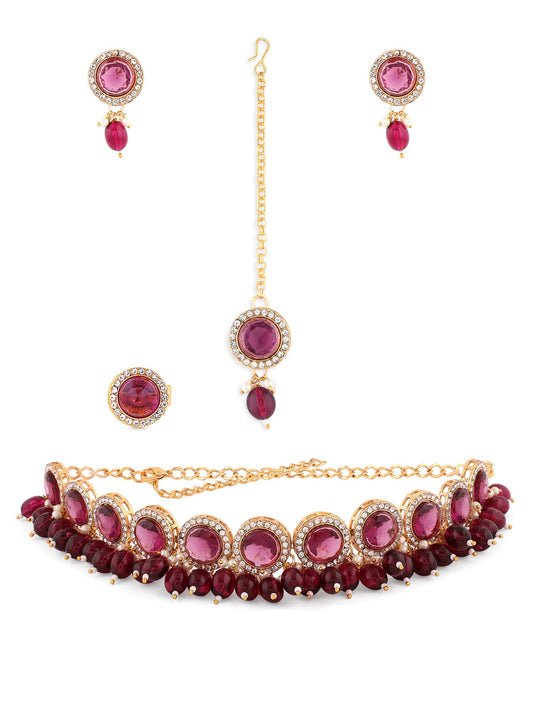 ZAVERI PEARLS Wine Color Stones & Cluster Beads Choker Necklace Earring Maangtikka & Ring Set For Women-ZPFK14598