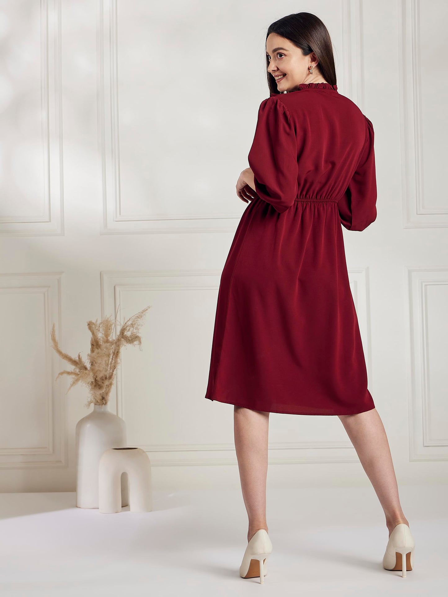 Carlton London Women's Crepe A-Line Knee-Length Casual Dress (CL8015A_Maroon_L)