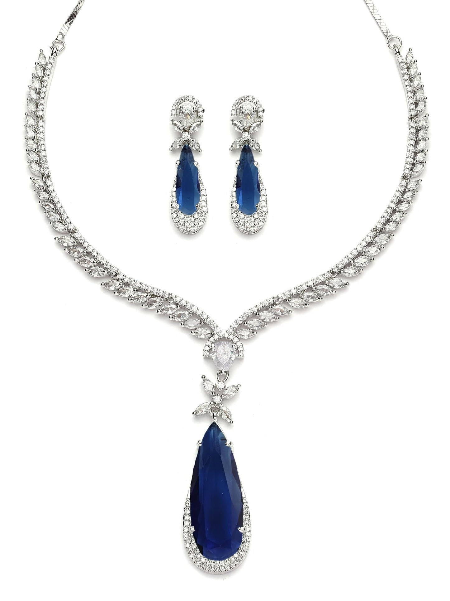 Karatcart Silver Tone Blue Drop Shape American Diamond Studded Jewellery Set for Women