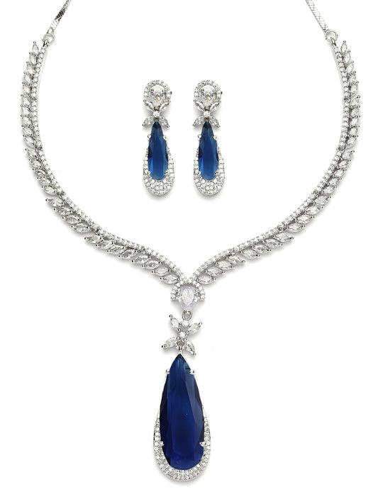 Karatcart Silver Tone Blue Drop Shape American Diamond Studded Jewellery Set for Women
