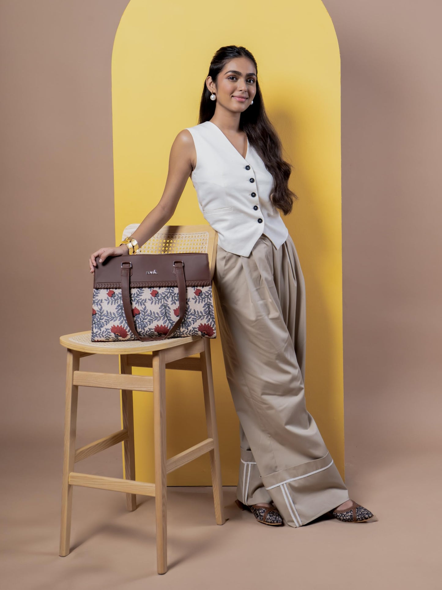 ZOUK Nawabi Couture Statement Business Bag | Jute | Vegan Leather Handcrafted Shoulder Bag Ideal For Office Use| Beige and Red