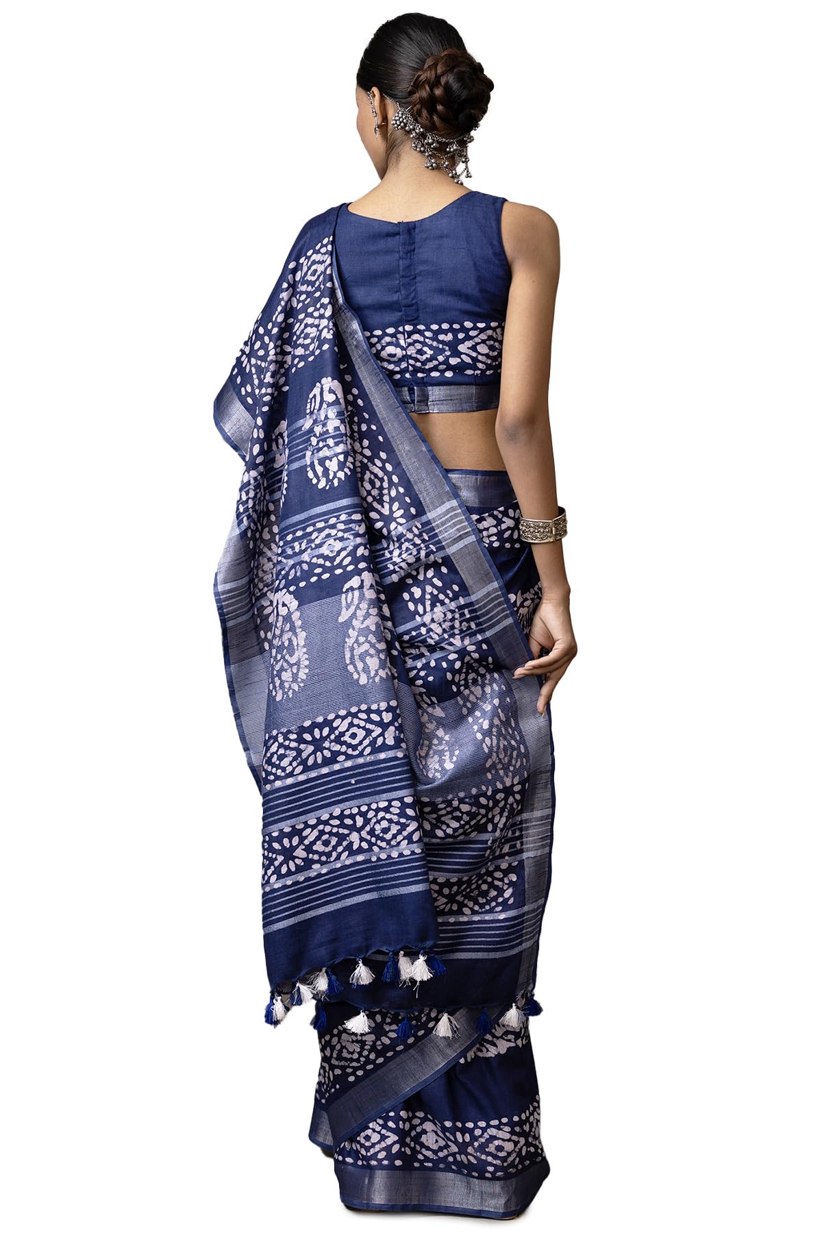Soch Womens Navy Blue Linen Batik Print Saree With Tassels