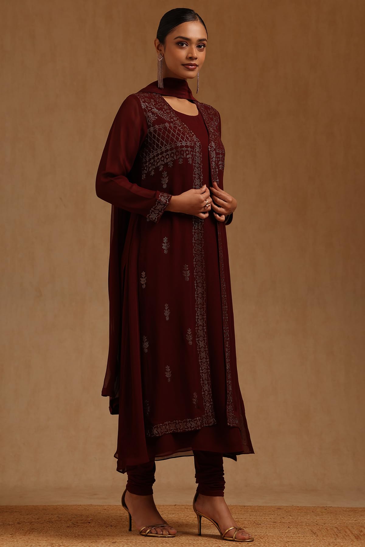 Soch Womens Maroon Georgette Solid Suit Set