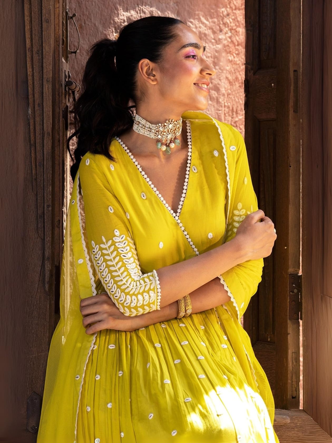 Radiant Yellow Angrakha Anarkali in Pure Cotton with Intricate Thread and Mirror Embroidery