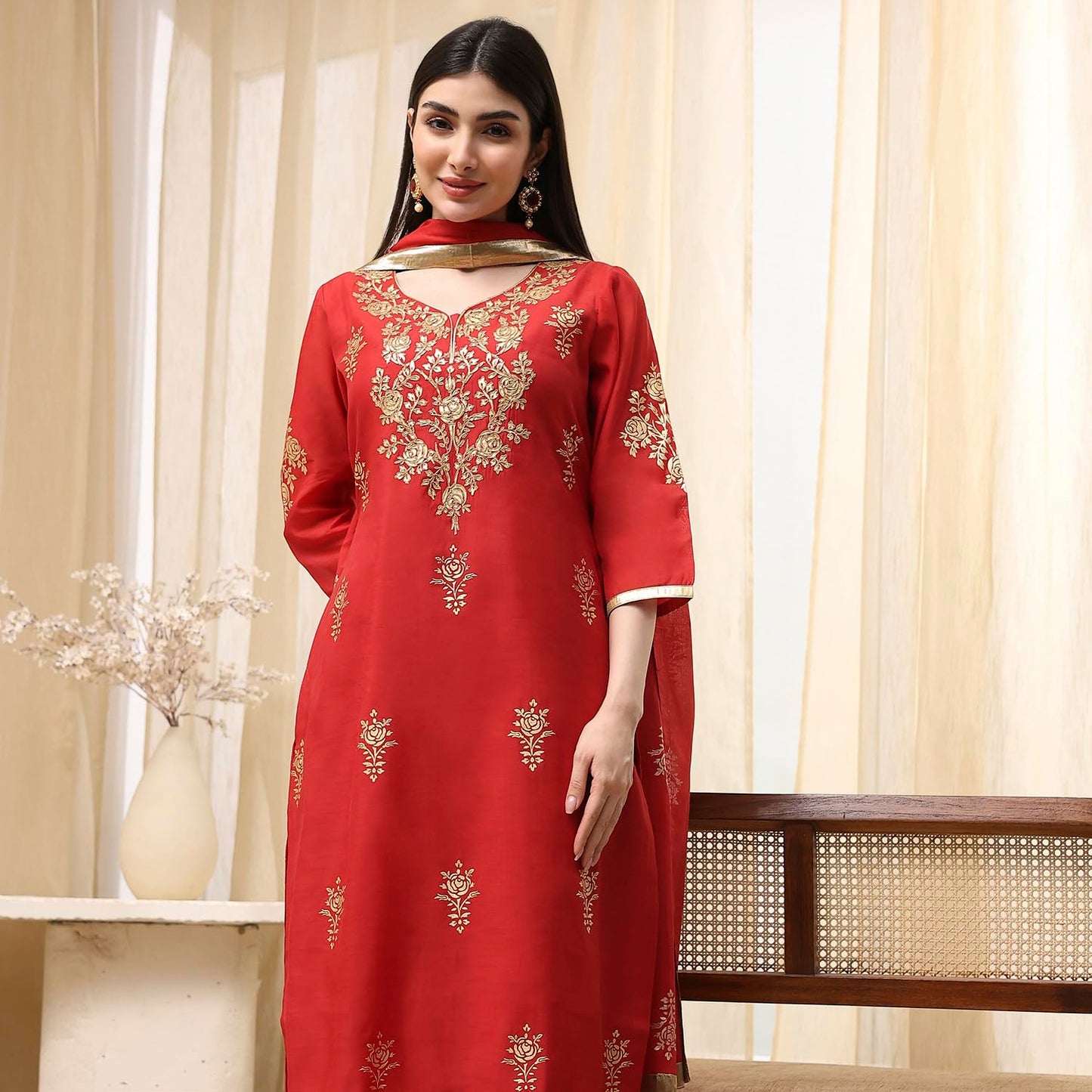 Biba Women's Poly Chanderi Kurta Set (SKDASRT7716ESS25RED_Red