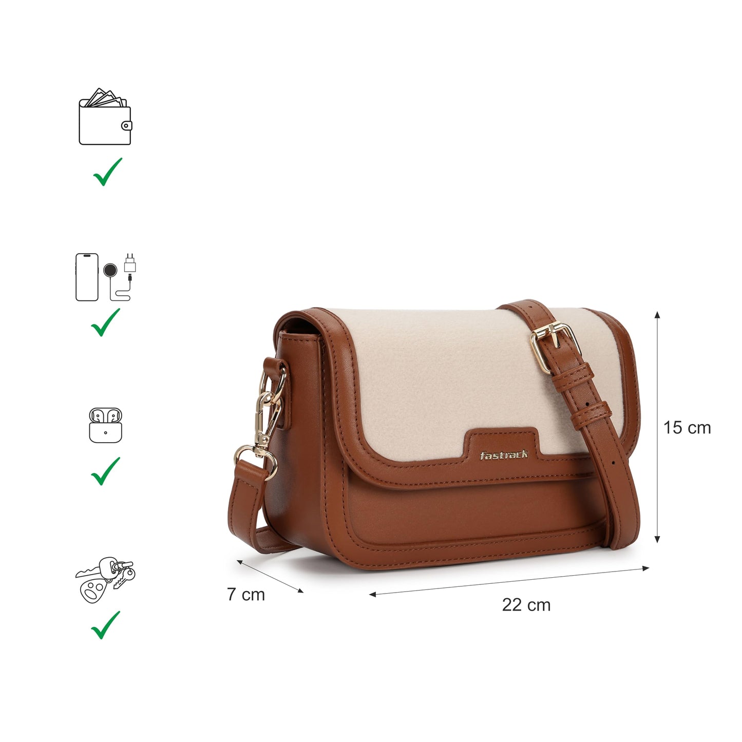 Fastrack Sherpa-Panel Sling Bag for Women | Faux Leather Crossbody with Zipper Closure, Gold Hardware and Detachable Strap | Compact Textured Bag for Casual and Evening Outfits
