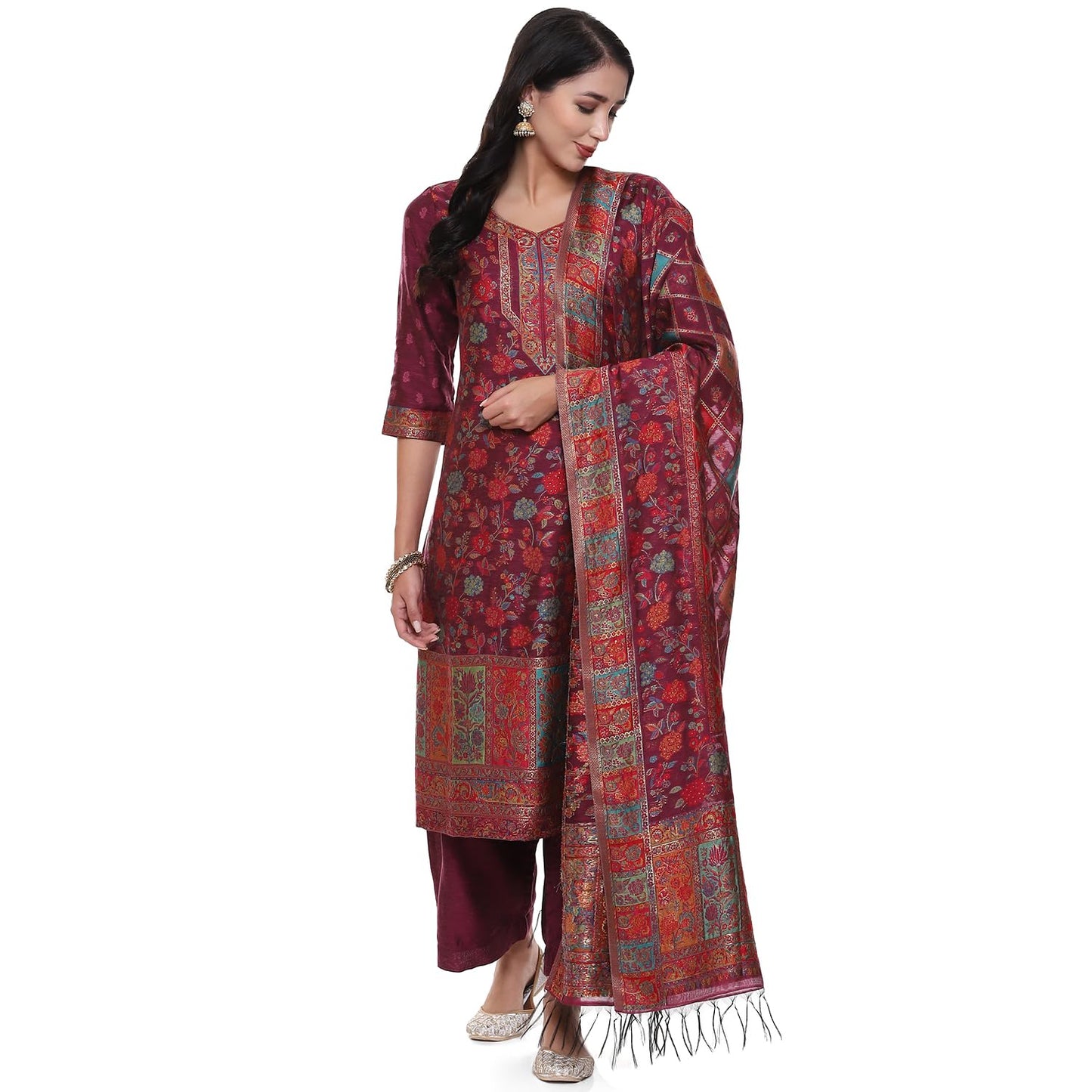 BIBA Women YARNDYED STRAIGHT KURTA SALWAR KURTA DUPATTA(SKDARTSY WE9102_WINE_34)