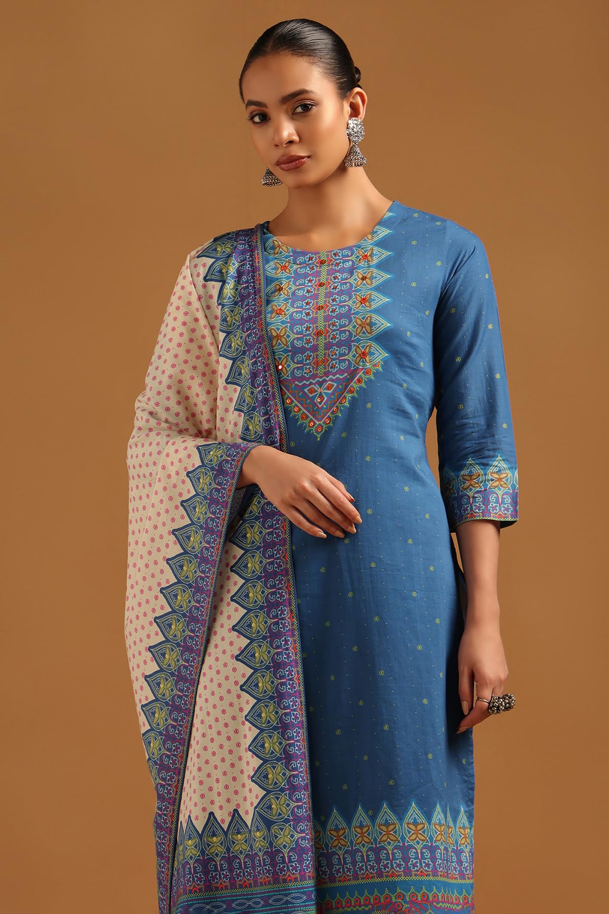 Soch Womens Blue Cambric Floral Salwar Suit With Faux Mirror