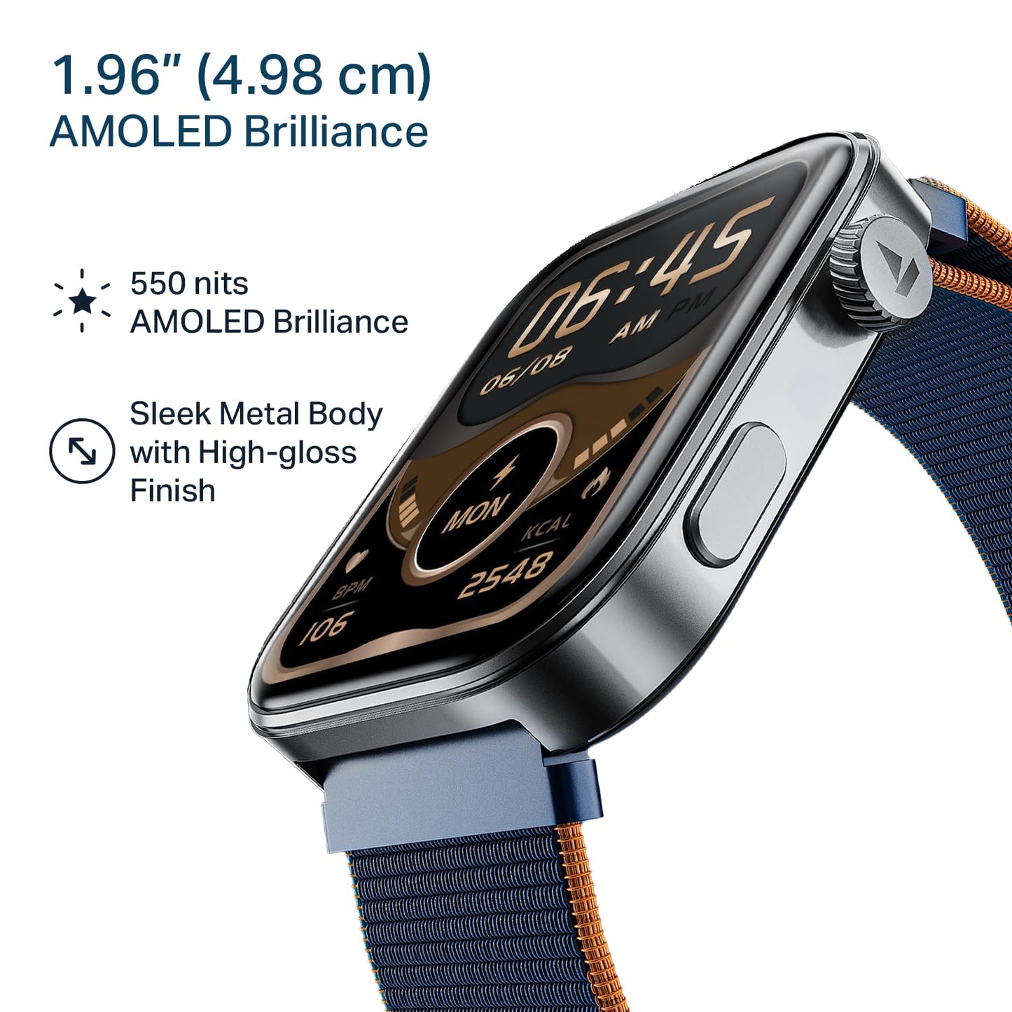 Boat Chrome Endeavour, Premium Metal Body, 1.96”(4.97cm) AMOLED Display,AI Coach Health Insights,Advanced S1 Processor,HRV,VO2 Max,Auto Watchface Refresh, Smart Watch for Men & Women (Fusion Blue)