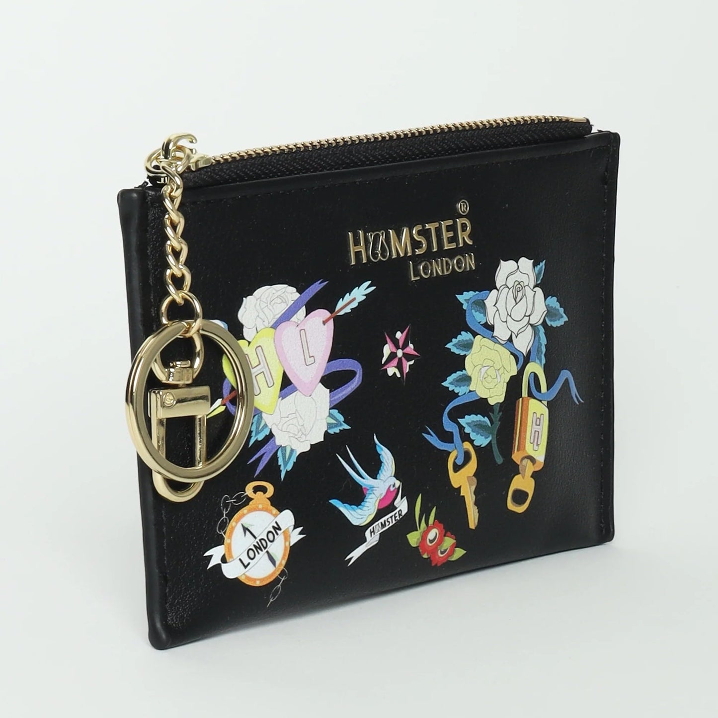 Hamster London Women Leather Millionaire Victoria Card Case with Zip-Black
