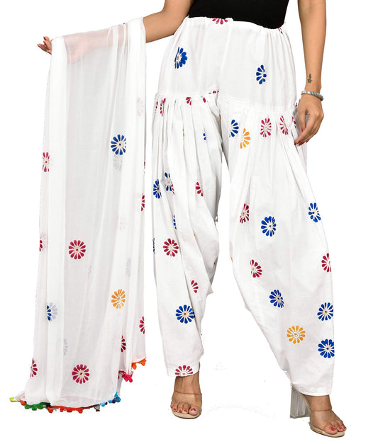 Women's Regular Fit Cotton Casual Style Patiala And Dupatta Set (V_Sal_Dup_Blue_Blue, White_Free Size) Patialas