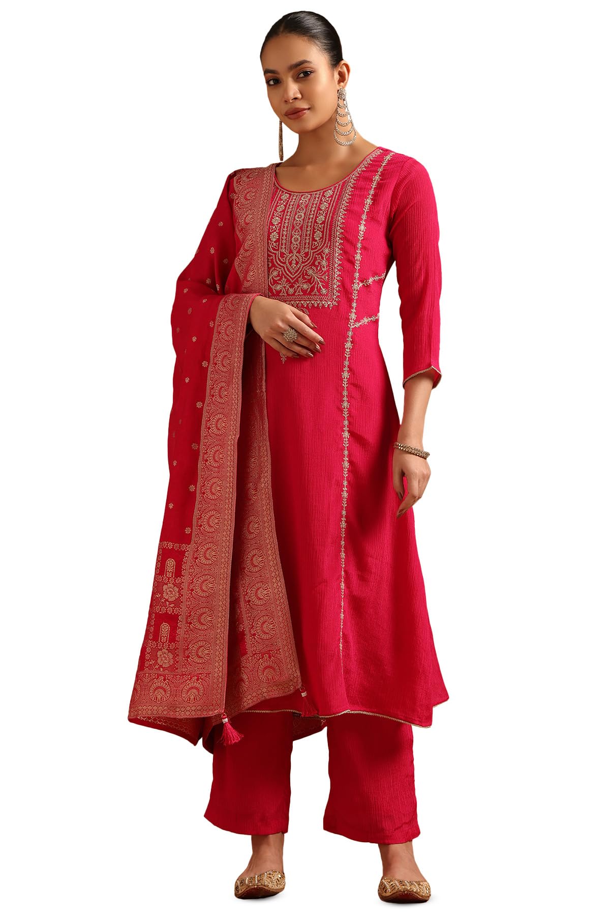 Soch Womens Fuchsia Chinon Ethnic Motifs Salwar Suit With Zari