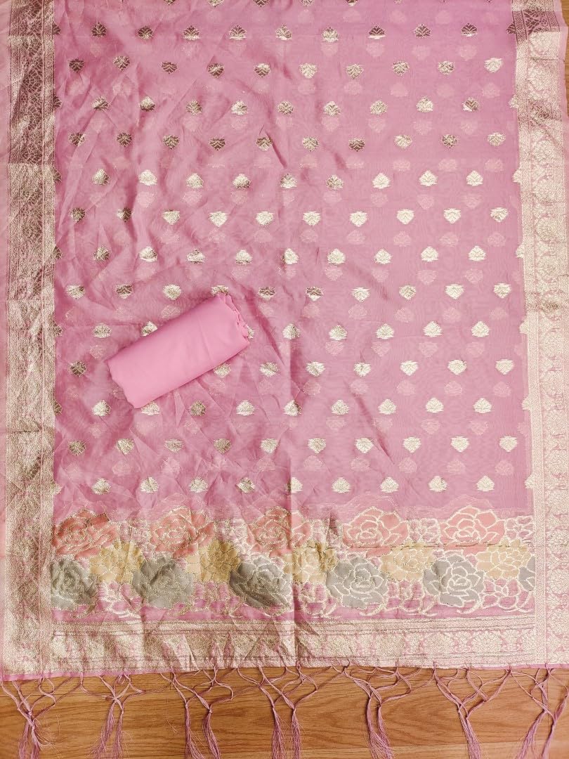 SHANTVAN GALLERY Banarasi Organza Cut Paste Suit Set with Silk Jacquard Dupatta, Heavy American Crape Bottom, 2.5 Meter, (Pink)