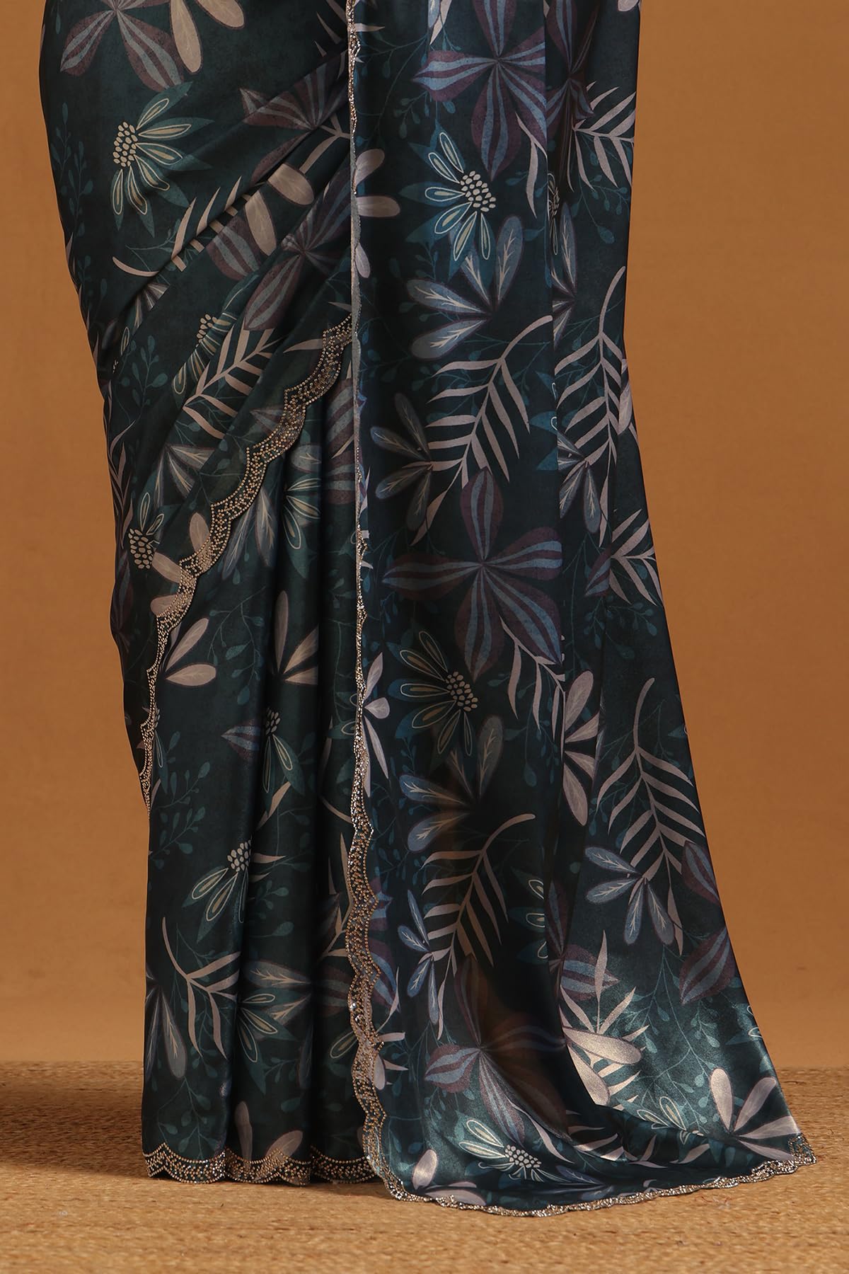Soch Womens Blue Satin Botanical Saree With Stone Work
