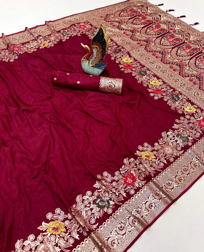SWORNOF Womens Kanjivaram Silk Saree with Zari Woven Saree With Blouse Piece (MAROON)