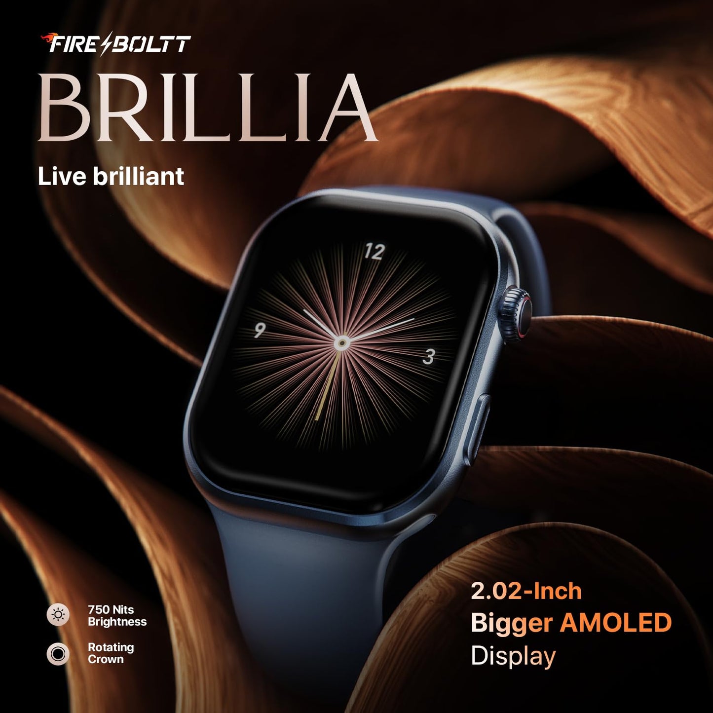 Fire-Boltt Brillia Smart Watch 2.02” Super AMOLED Display, Bluetooth Calling, SpO2, Heart Rate Monitor, 120+ Sports Modes, Fitness Tracker, Voice Assistant, Smart Watch for Man & Women– Blue