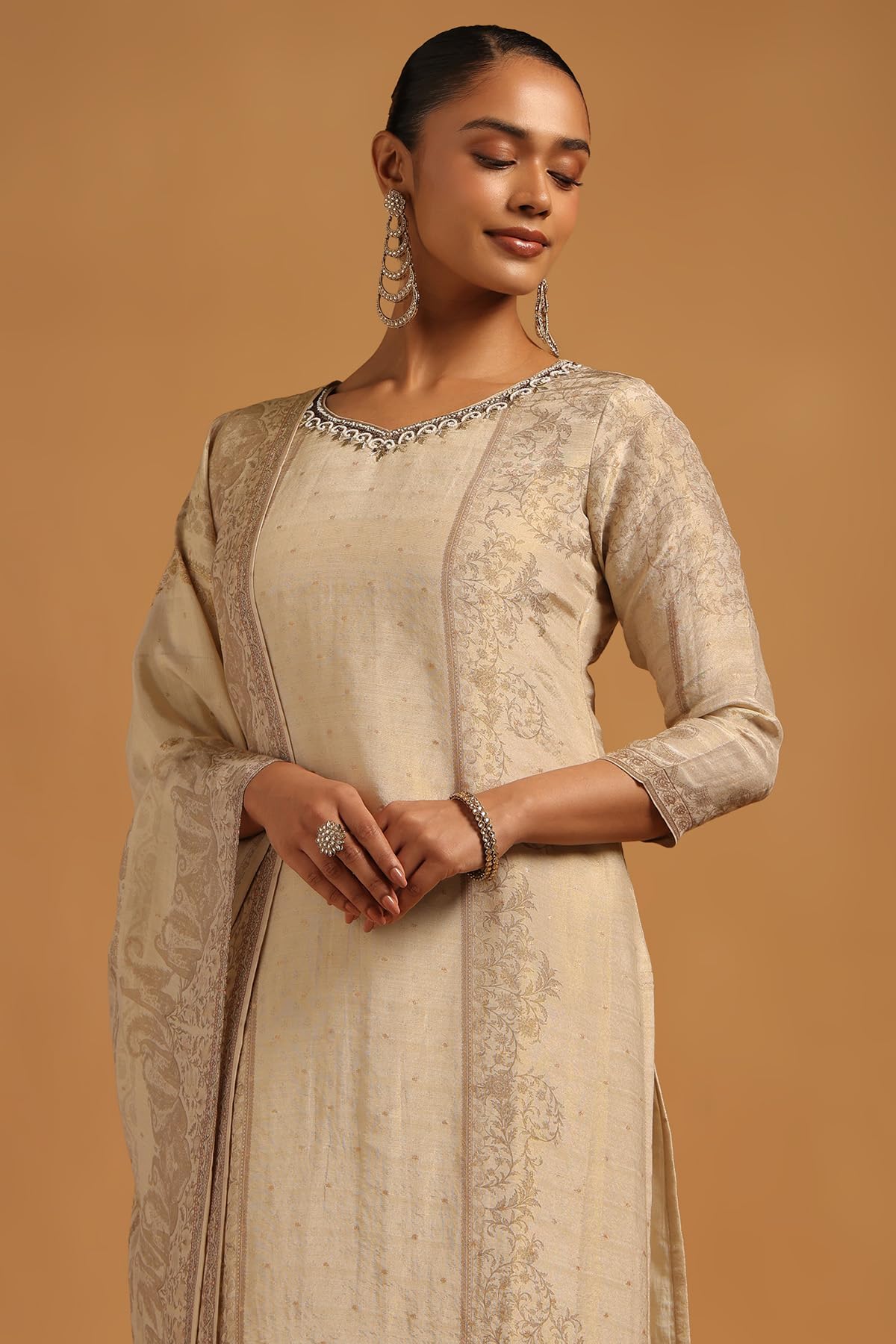 Soch Womens Beige Russian Silk Botanical Salwar Suit With Beads And Stones