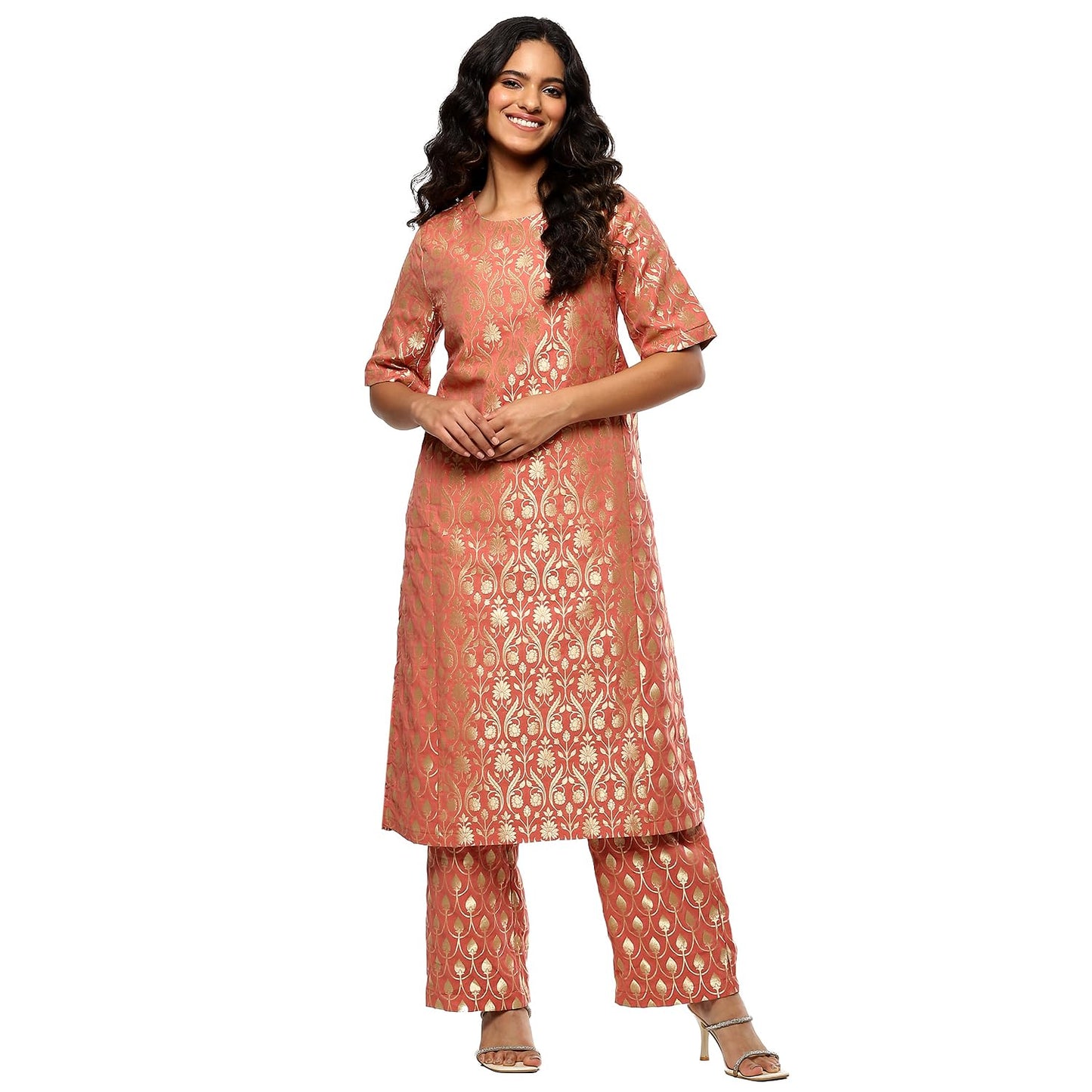 BIBA Women's Jacquard Kurta Sets (FEST2752AW24PCH_Peach