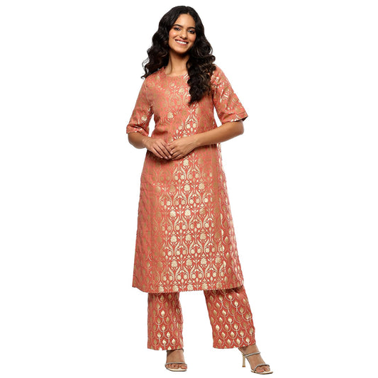 BIBA Women's Jacquard Kurta Sets (FEST2752AW24PCH_Peach