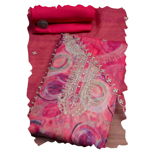 Biba Women Pink Organza Rajasthani Print Unstitched Suit Set_FREE SIZE
