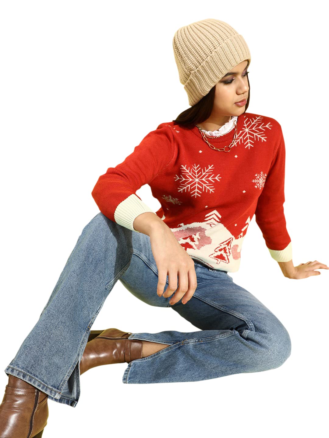 Style Quotient Women Red White Printed Pullover (AW21SQFFFROSTY_RW-L)