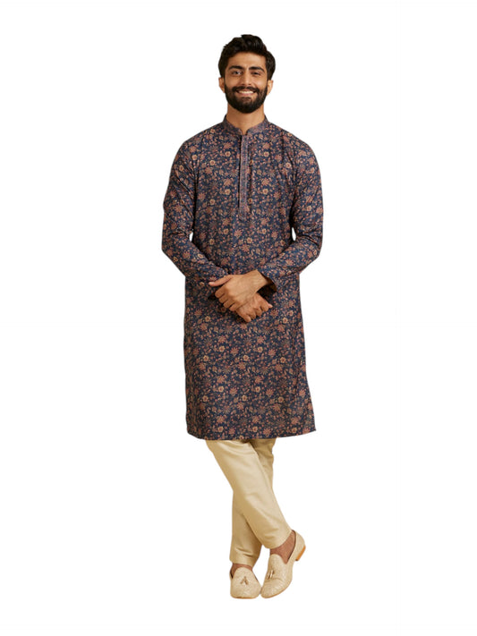 Manyavar Men's Viscose Blend Floral Print Kurta Pyjama Set (Blue,2XL)