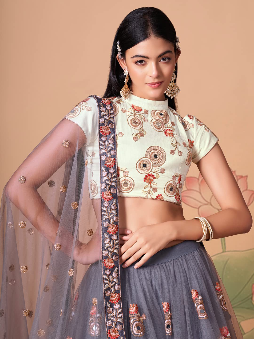 Zeel Clothing Women's Net Embroidered Semi-Stitched Bridal New Lehenga Choli with Dupatta (7321-Grey-Wedding-Bridal-Latest-Lehenga; Free Size) (Grey)