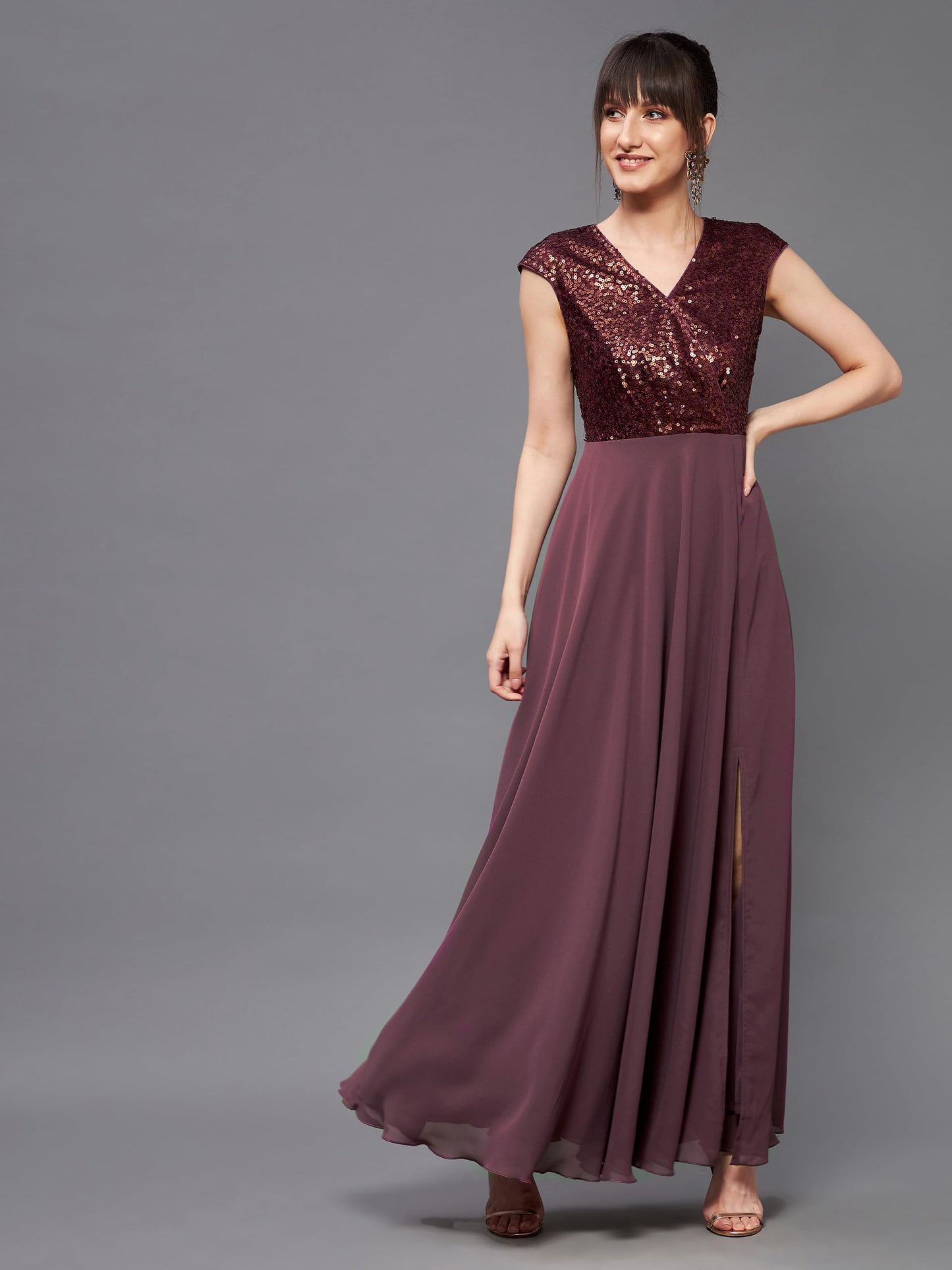 Miss Chase Women's Mauve & Wine V-Neck Sleeveless Embellished Wrap Maxi Dress (MCSS20D06-10-264-05, Mauve & Wine, L)