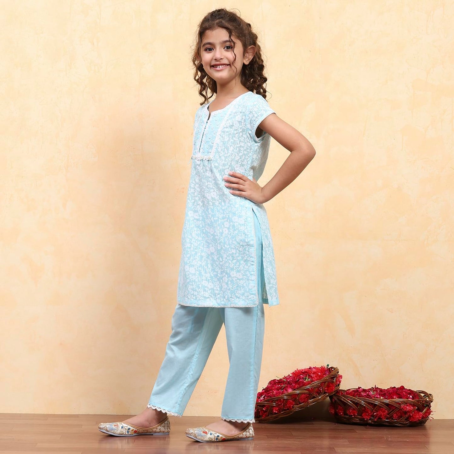 Biba Girl's Powder Blue Cotton Straight Printed Kurta Pants Set