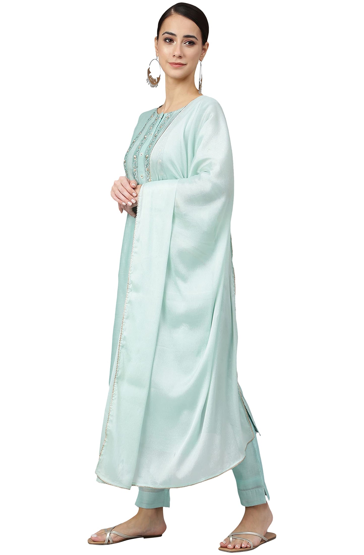 Janasya Women's Sea Blue Chanderi Silk Solid Kurta with Pant and Dupatta (SET561-KR-NP-RE-L)