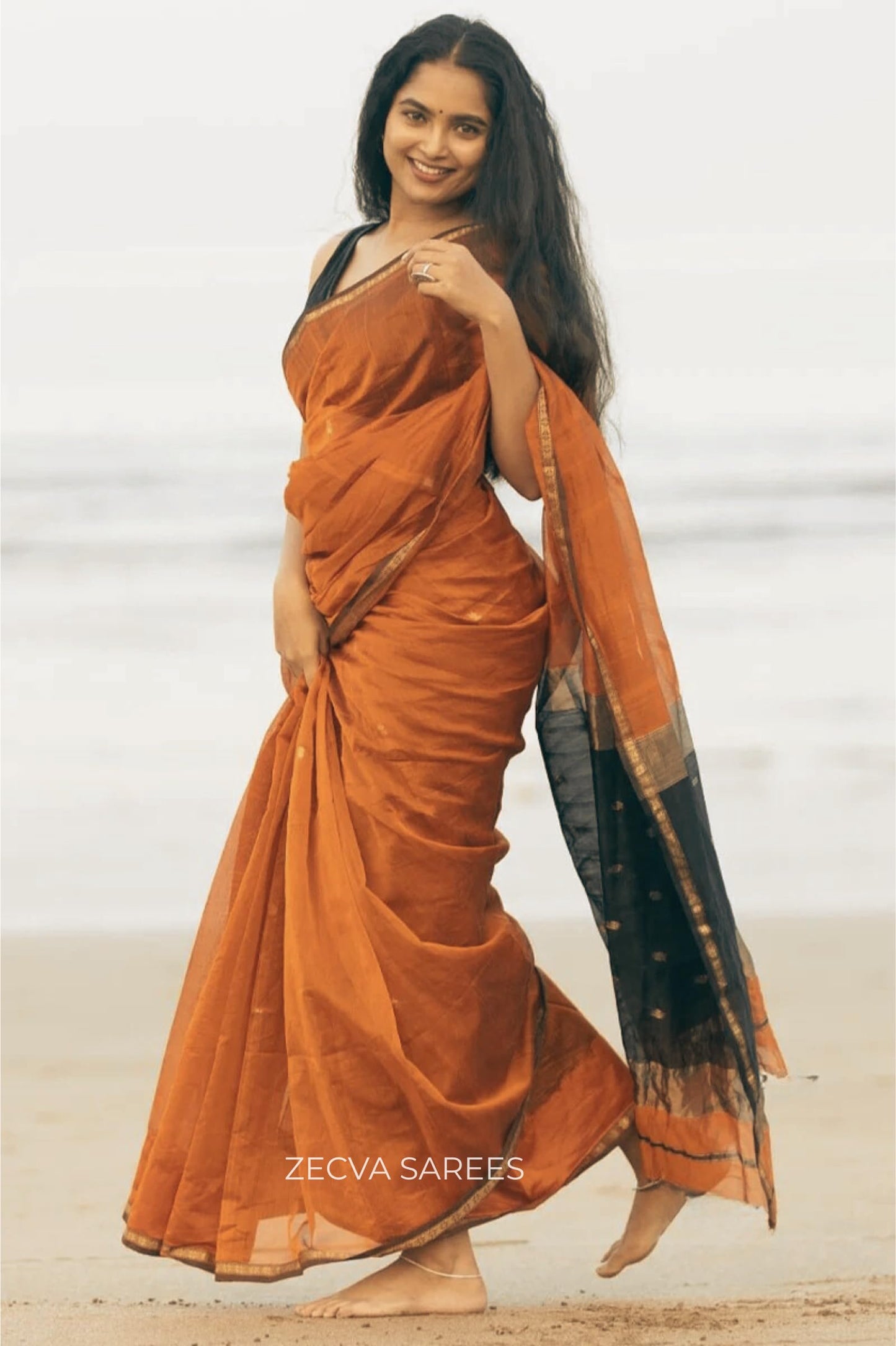ZECVA Women's Pure Spun Linen Cotton Lichi Silk Saree With Attach Unstitch Blouse Piece (DARK ORANGE BLACK)
