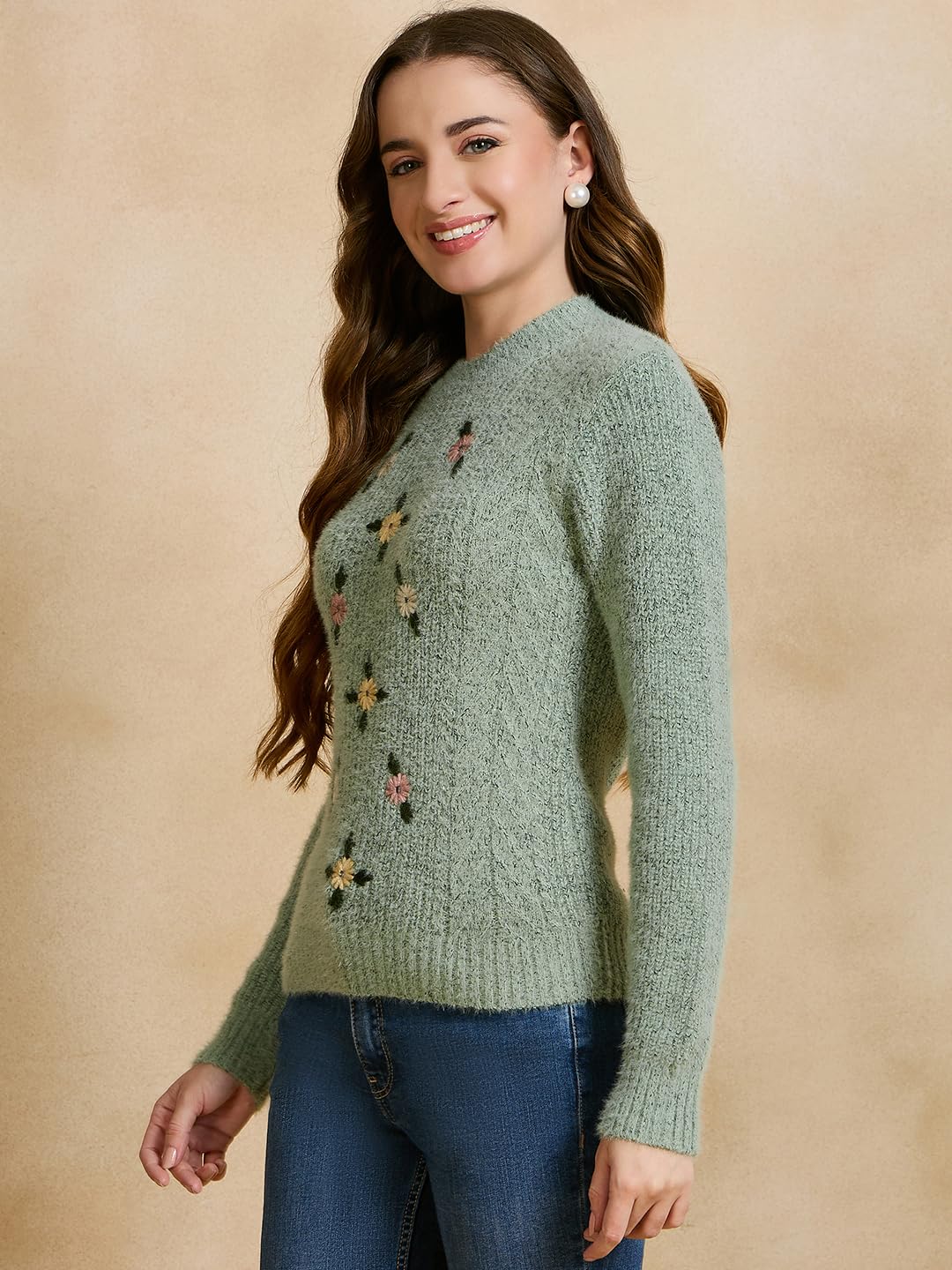 Clapton Women's Floral Embroidered Knitted Pullover Sweater, Long Sleeve, Round Neck, Casual (in, Alpha, L, Regular, Pista)